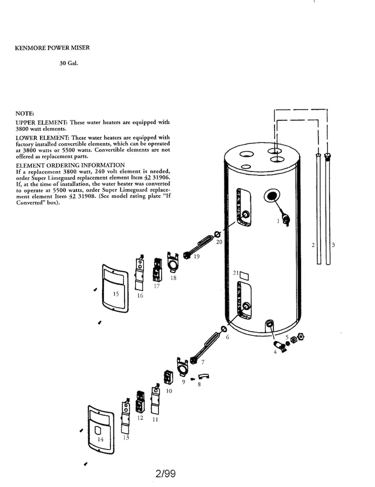 Power Miser 30 Gallon Diagram and Parts List for 153316354  Kenmore Water Heater