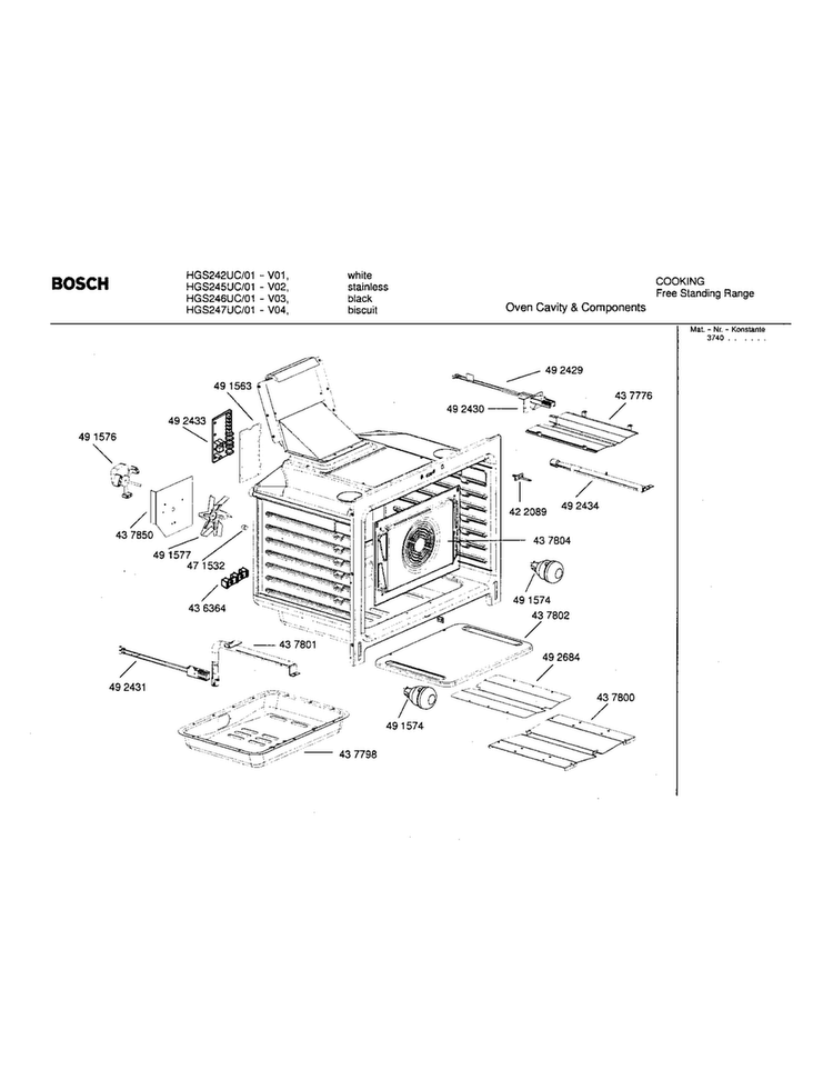 Oven Cavity Components Diagram and Parts List for HGS246UC 01 Bosch Range
