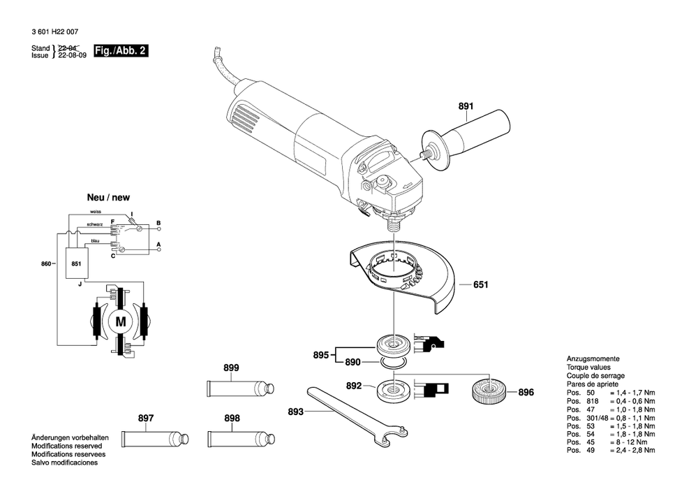 Diagram 2 Diagram and Parts List for GWS1100 3 601 H22 007 Bosch Angle Grinder