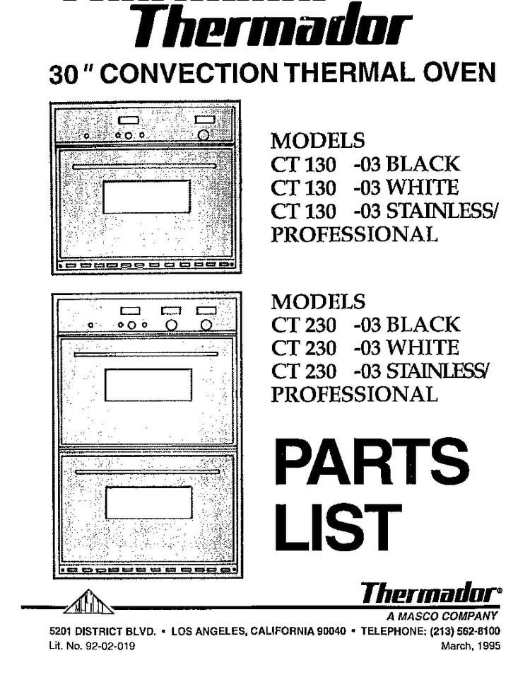 Front Cover Diagram and Parts List for CT130-03  Thermador Wall Oven