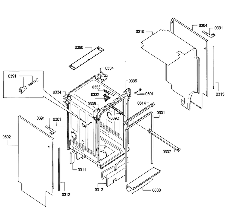 Cabinet Diagram and Parts List for SPX5ES55UC 26 Bosch Dishwasher