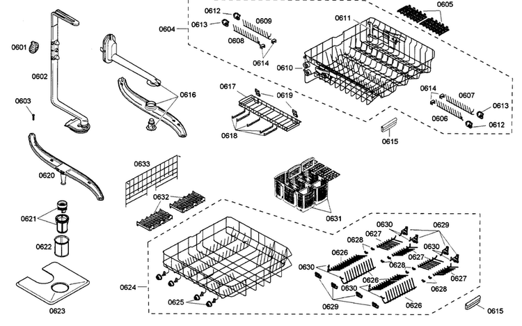 Baskets Assy Diagram and Parts List for SHX98M09UC 53 Bosch Dishwasher