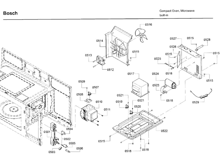 Inner Parts Diagram and Parts List for HMV3053U 01 Bosch Microwave