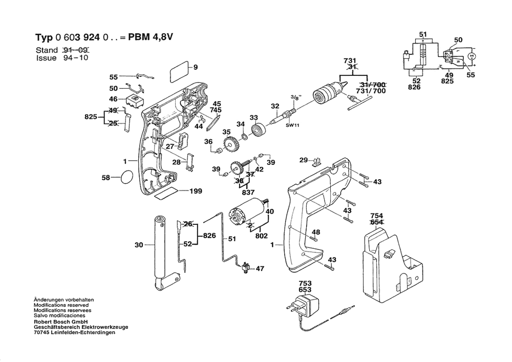 Section 1 Diagram and Parts List for 0603924029  Bosch Cordless Drill