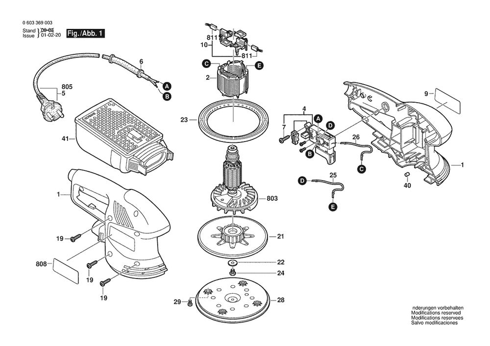 Section 1 Diagram and Parts List for PEX270A 0603369042 Bosch Orbital or Palm Sander