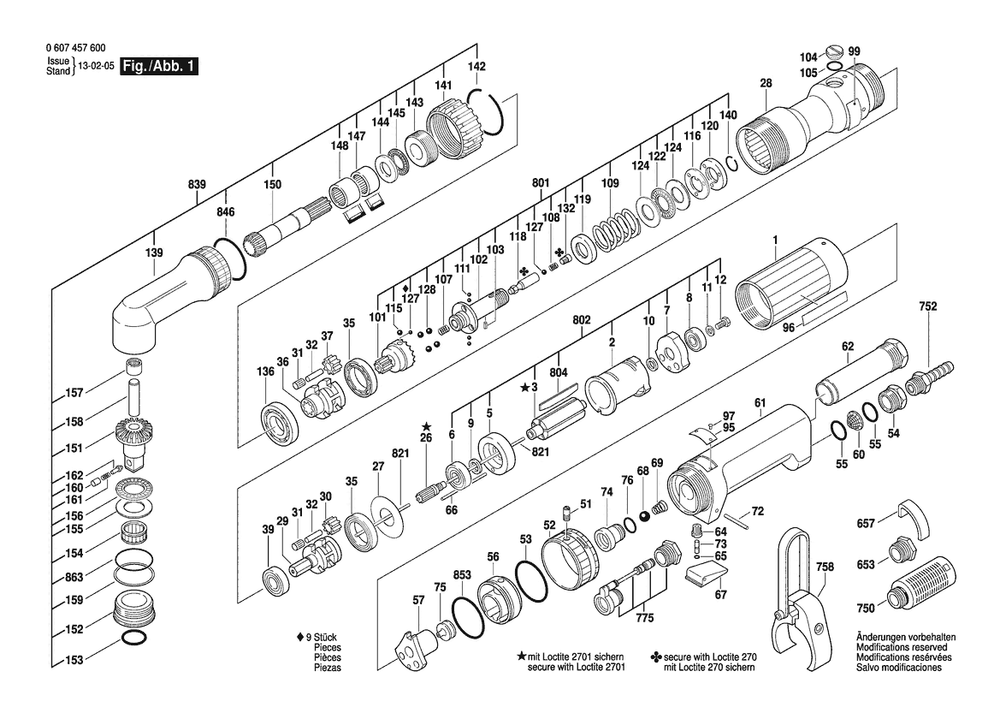 Section 1 Diagram and Parts List for 740WDWAS100-200 0607457600 Bosch Screwdriver