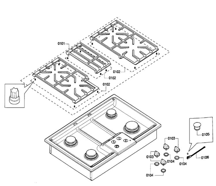 Grates Diagram and Parts List for NGM5064UC 03 Bosch Cooktop