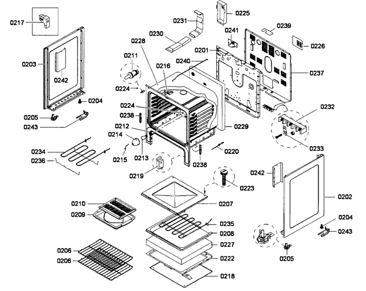 Cabinet Assy Diagram and Parts List for HES3053U 01 Bosch Range