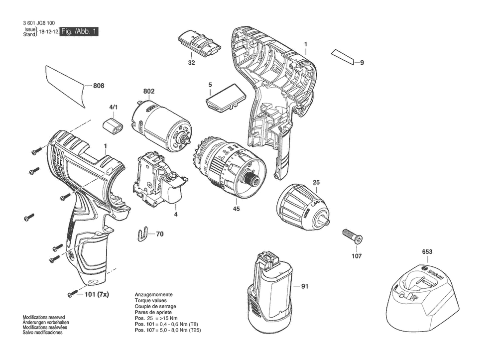 Section 1 Diagram and Parts List for GSB120-LI 3601JG8182 Bosch Hammer Drill