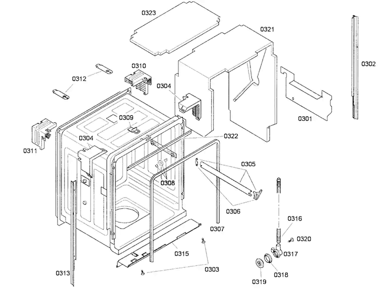 Cabinet Diagram and Parts List for SHX65P05UC 53 Bosch Dishwasher