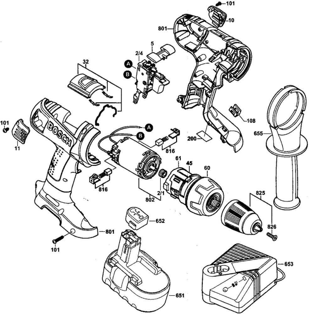 Drill Assembly Diagram and Parts List for 33618-2G  Bosch Drill