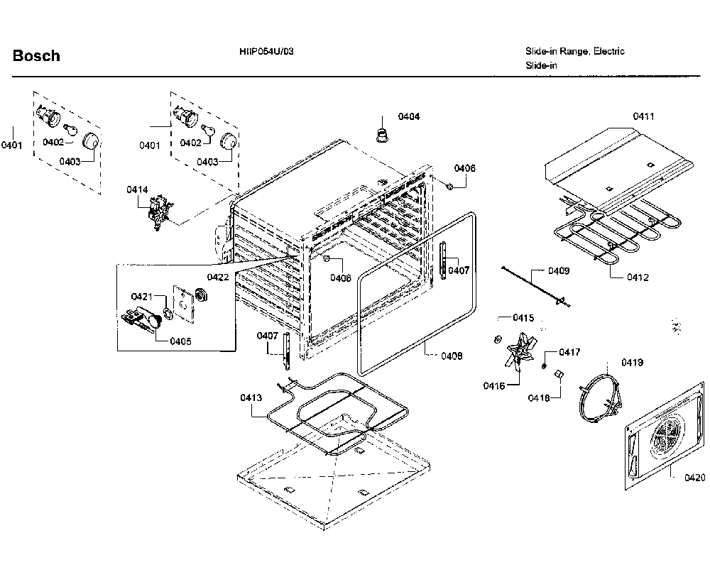 Cavity asy 1 Diagram and Parts List for HIIP054U 03 Bosch Range