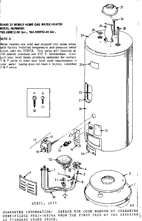 Replacement Parts Diagram and Parts List for 153330912  Kenmore Water Heater