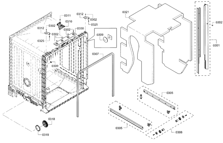Frame Diagram and Parts List for SHE3AR55UC 21 Bosch Dishwasher
