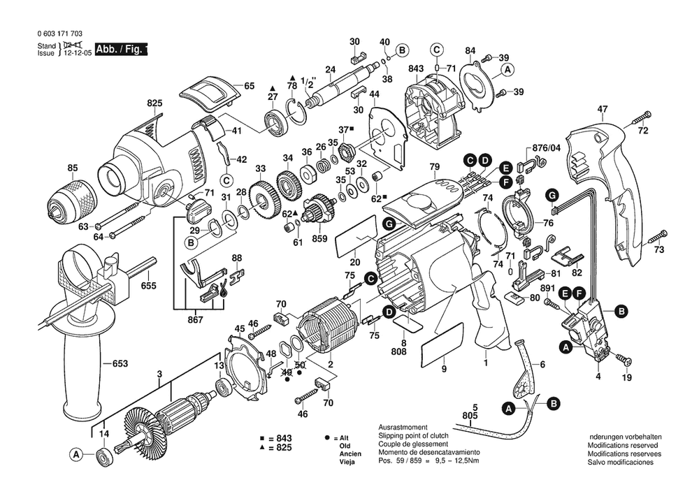 Section 1 Diagram and Parts List for PSB1200-2RPE 0603171742 Bosch Hammer Drill