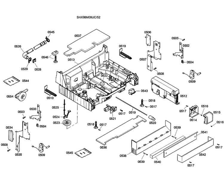 Base Assy Diagram and Parts List for SHX98M09UC 52 Bosch Dishwasher