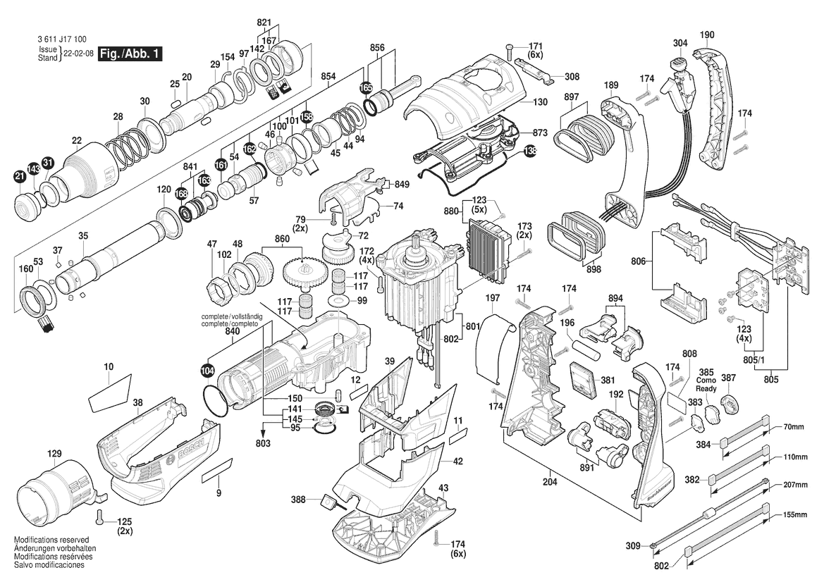 Figure 1 Diagram and Parts List for 3611J17110 GBH 18V-40 C Bosch Hammer Drill