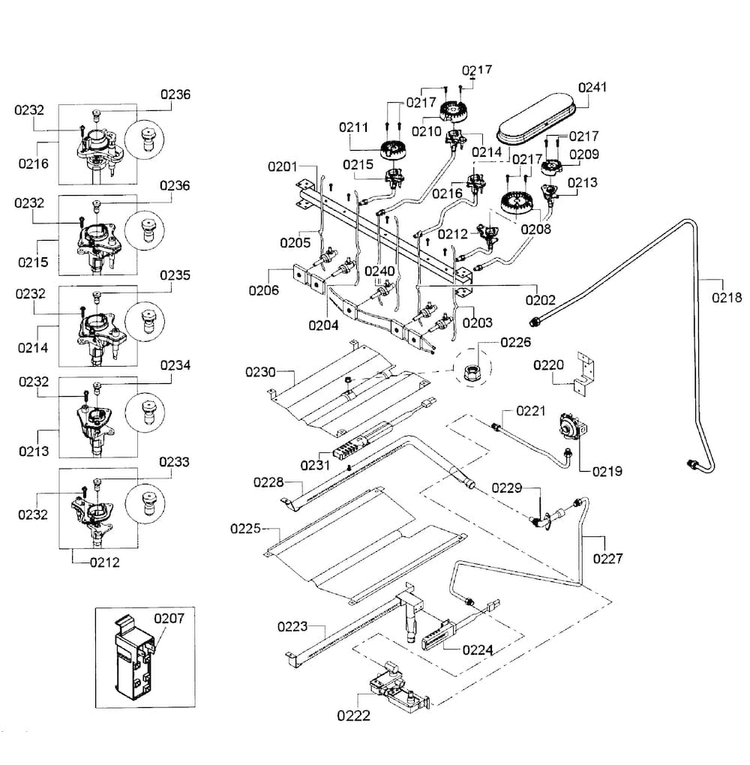 Burners Assy Diagram and Parts List for HGS5053UC 11 Bosch Range