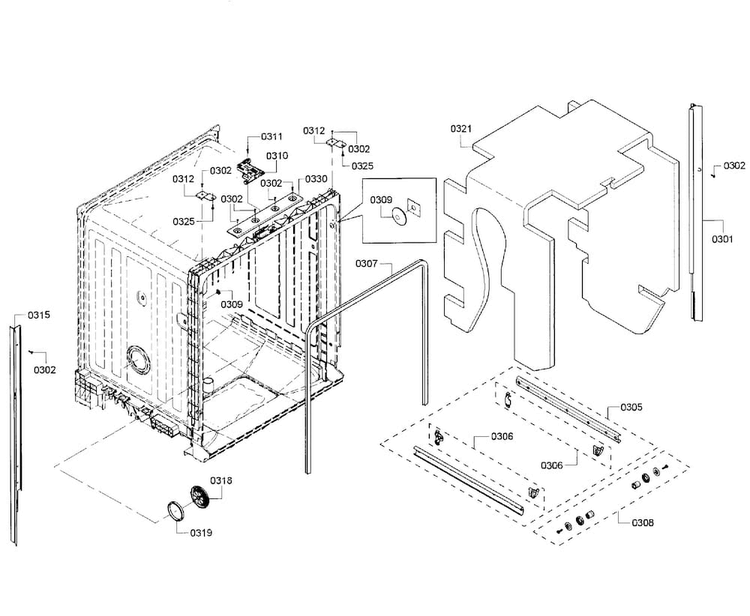 Cabinet Diagram and Parts List for SHE3AR56UC 08 Bosch Dishwasher