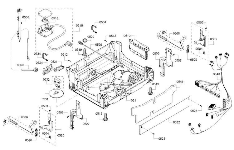 Base Diagram and Parts List for SHE53TF5UC 01 Bosch Dishwasher