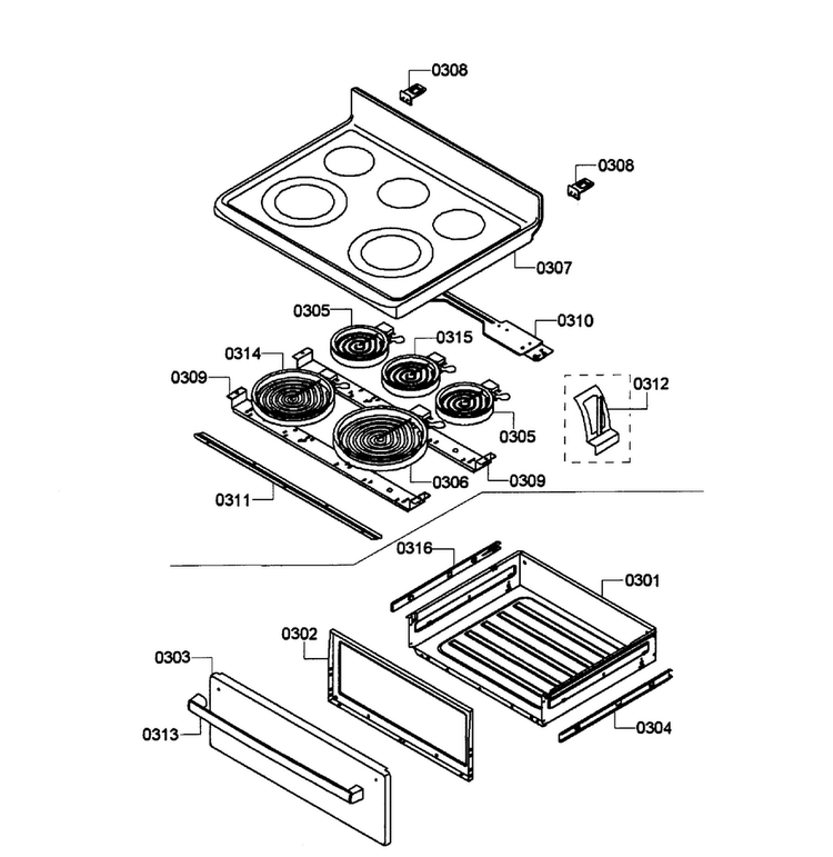 Drawer/top Assy Diagram and Parts List for HES5053U 05 Bosch Range
