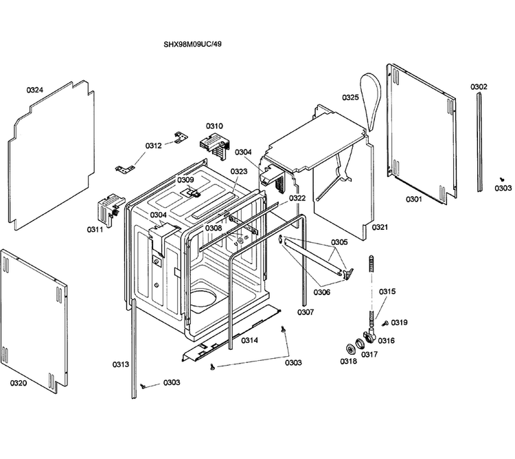 Cabinet Diagram and Parts List for SHX98M09UC 49 Bosch Dishwasher