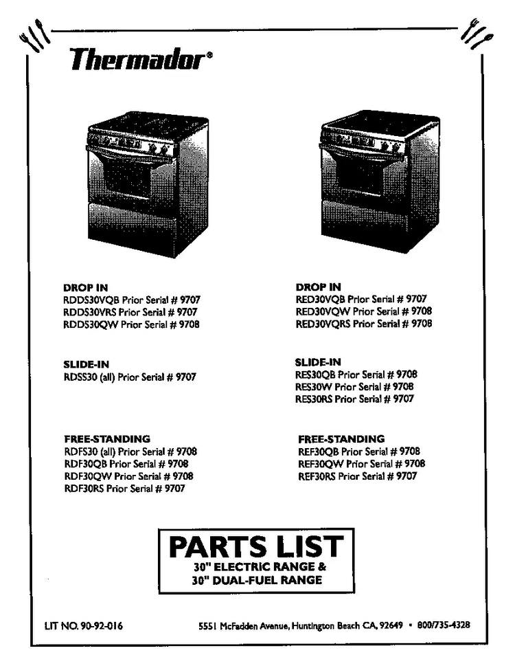 Cover Diagram and Parts List for RDF30RS(PRIOR-9707)  Thermador Range