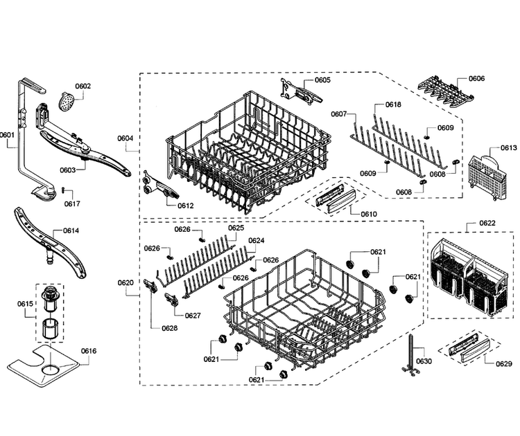 Baskets Diagram and Parts List for SHX68R52UC 68 Bosch Dishwasher