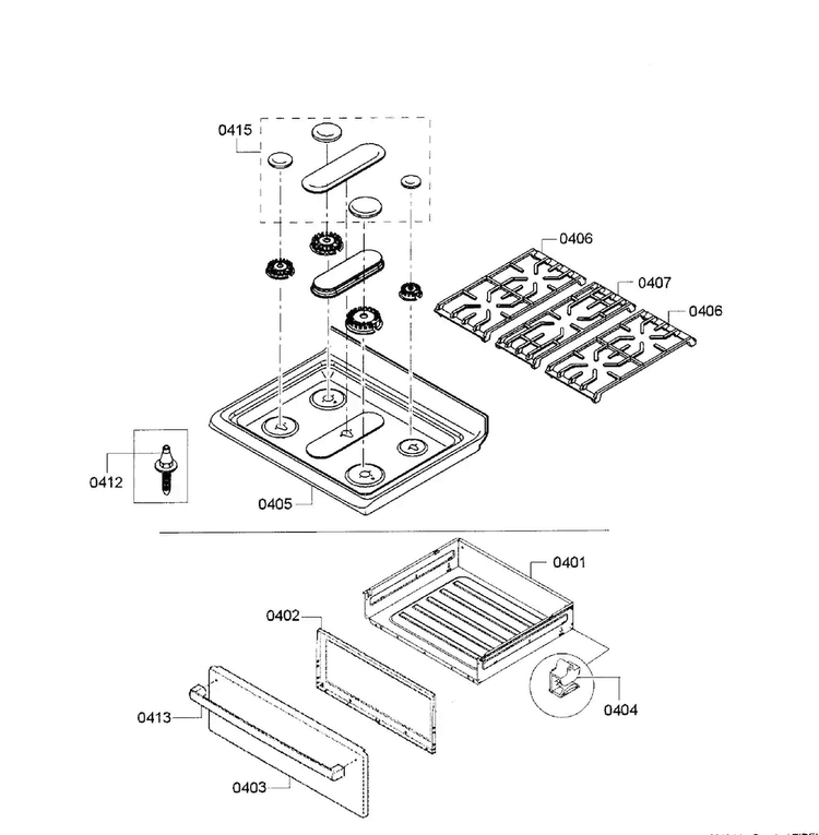 Top Assy/drawer Diagram and Parts List for HGS5053UC 03 Bosch Range