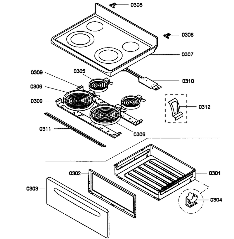 Top/drawe Diagram and Parts List for HES3063U 01 Bosch Range