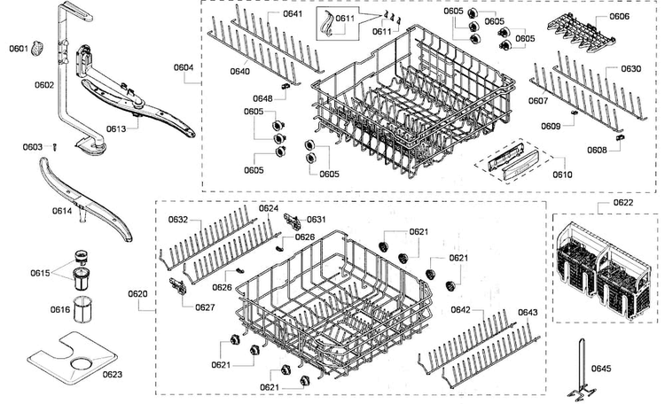 Baskets Assy Diagram and Parts List for SHE68P02UC 53 Bosch Dishwasher