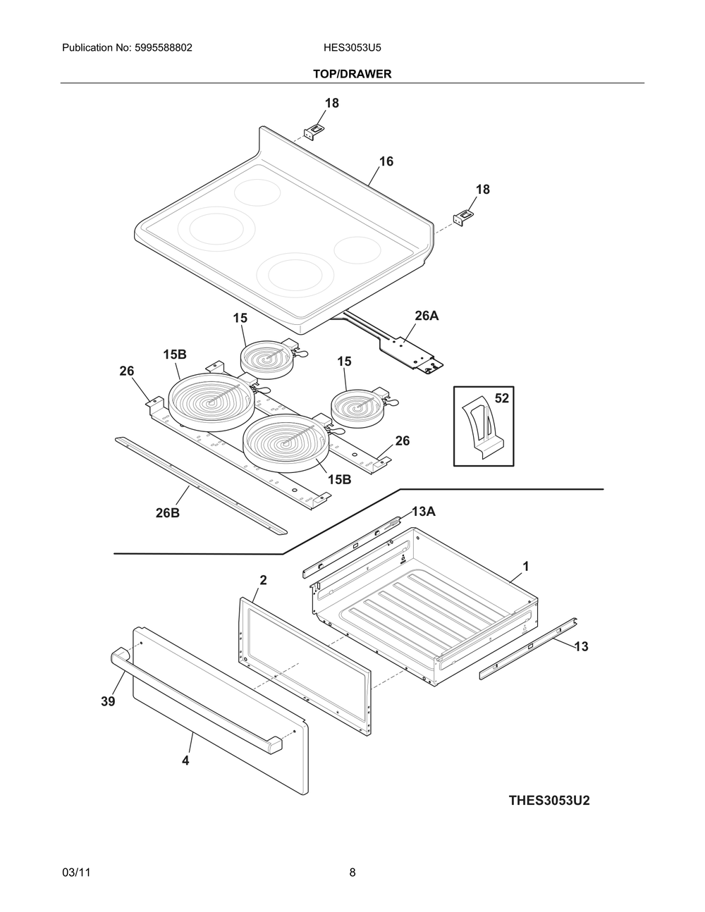 Top/Drawer Diagram and Parts List for HES3053U5  Bosch Range