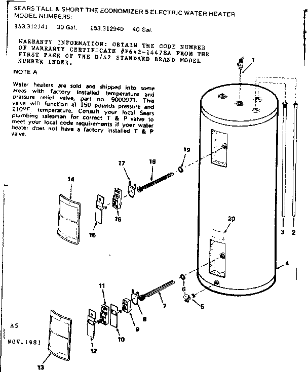 Replacement Parts Diagram and Parts List for 153312141  Kenmore Water Heater
