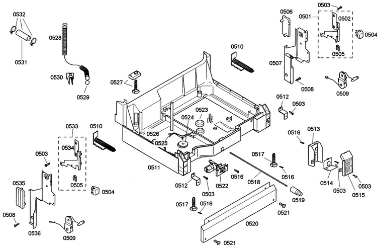 Base Assy Diagram and Parts List for SHE42L12UC 23 Bosch Dishwasher