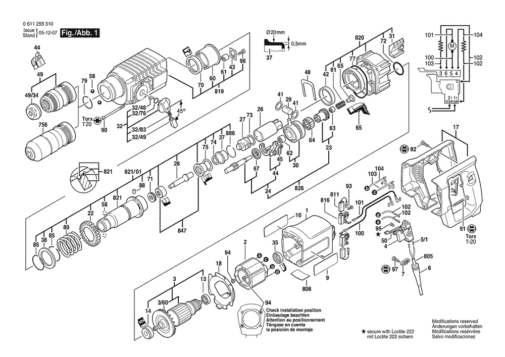 Section 1 Diagram and Parts List for GBH2SPATENDF 0611259310 Bosch Hammer Drill