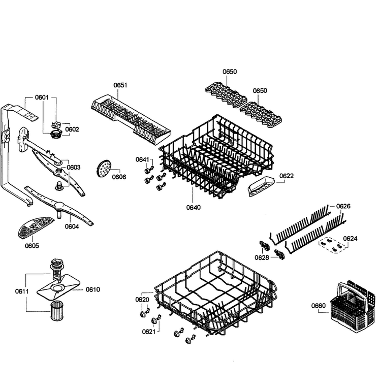 Baskets Diagram and Parts List for SGE63E06UC 52 Bosch Dishwasher