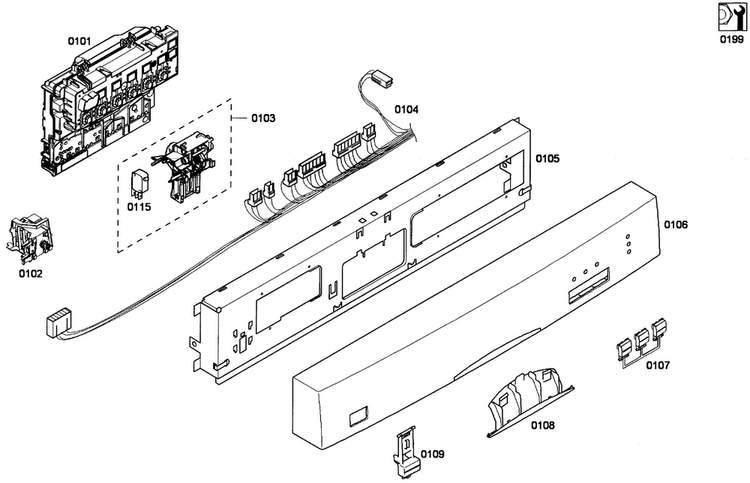 Front Panel Diagram and Parts List for SHE33M05UC 53 Bosch Dishwasher