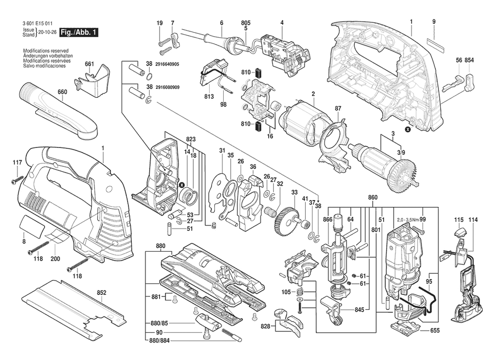 Section 1 Diagram and Parts List for JS572EL 3601E15011 Bosch Jig Saw