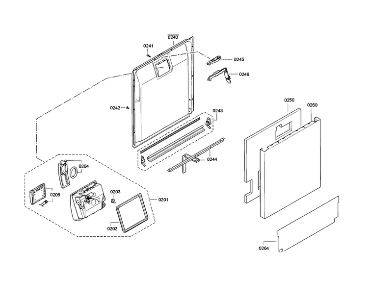 Door Assy Diagram and Parts List for SGE63E06UC 86 Bosch Dishwasher