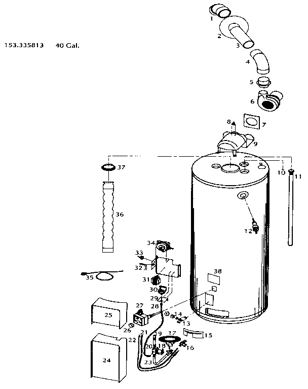 Replacement Parts Diagram and Parts List for 153335813  Kenmore Water Heater