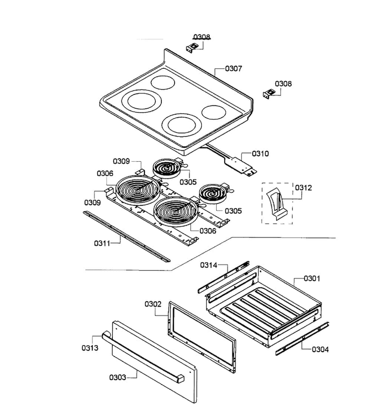 Drawer/top Assy Diagram and Parts List for HES3053U 06 Bosch Range