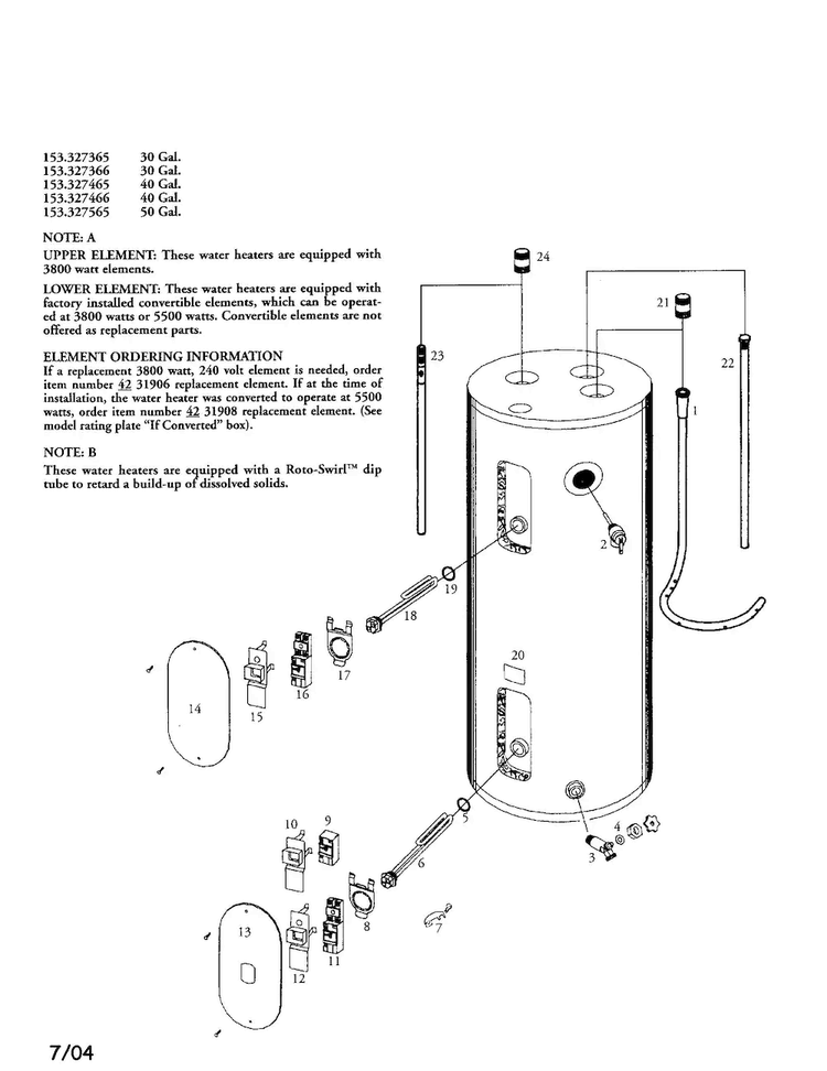Electric Water Heater Diagram and Parts List for 153327466  Kenmore Water Heater
