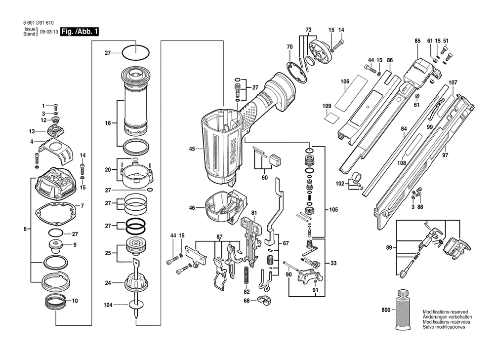 Diagram Diagram and Parts List for FNA250-15 3 601 D91 610 Bosch Nailer
