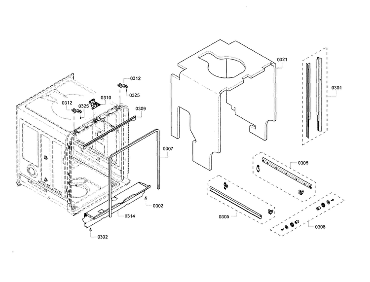 Cabinet Diagram and Parts List for SHE53T55UC 02 Bosch Dishwasher