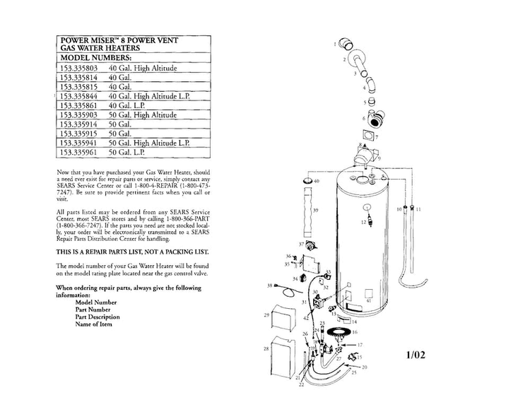 Gas Water Heater Diagram and Parts List for 153335814  Kenmore Water Heater