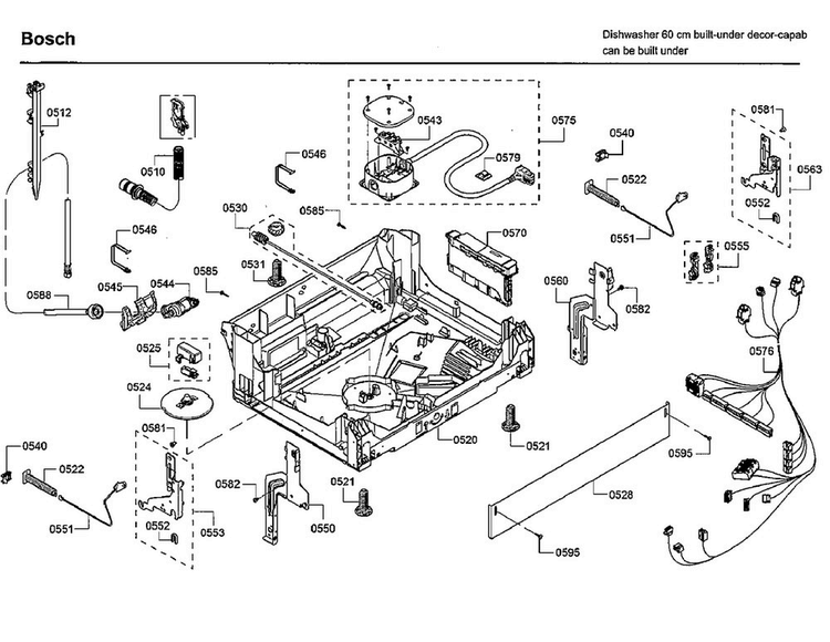 Base Diagram and Parts List for SHE68T55UC 09 Bosch Dishwasher