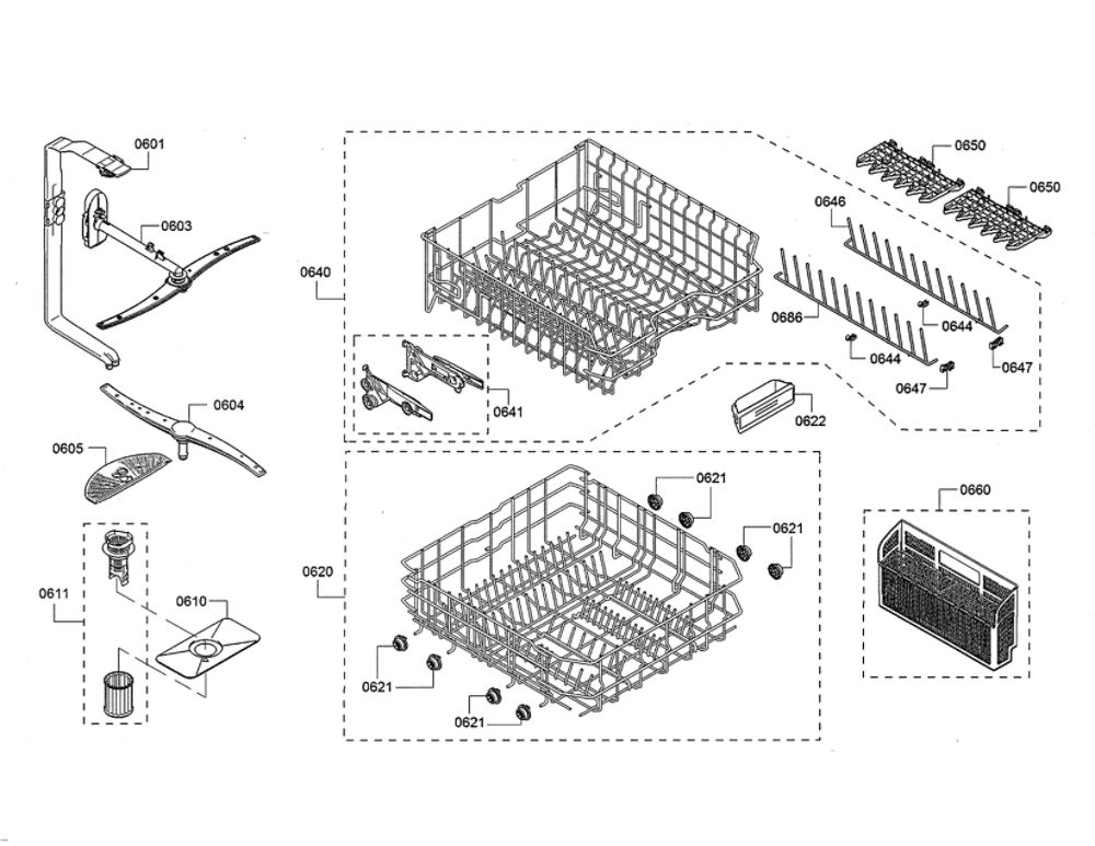 Spray Arm/Racks Diagram and Parts List for DWHD440MFP 08 Thermador Dishwasher