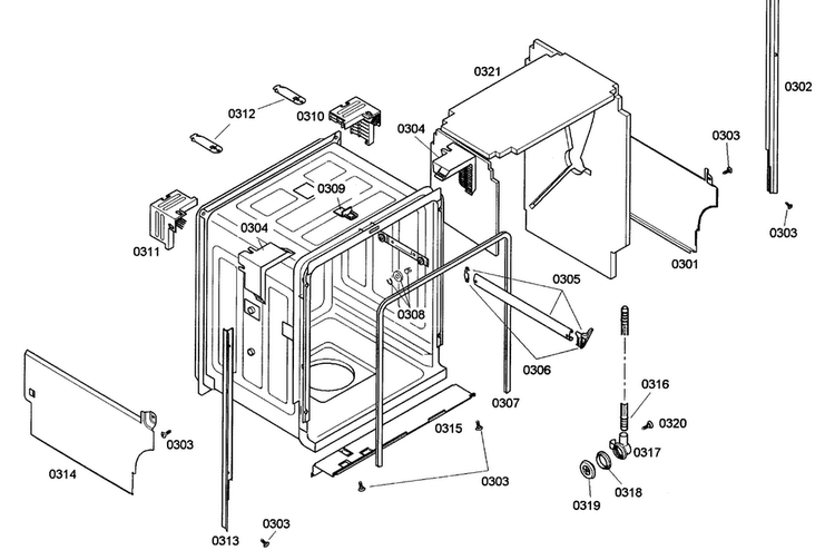 Cabinet Diagram and Parts List for SHE43M02UC 47 Bosch Dishwasher