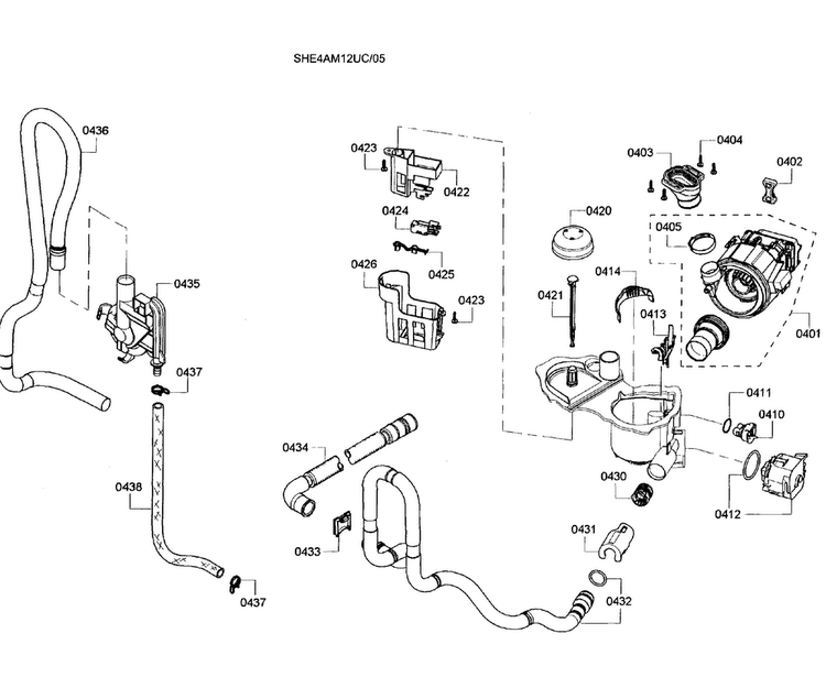 Pump Assy Diagram and Parts List for SHE4AM12UC 05 Bosch Dishwasher