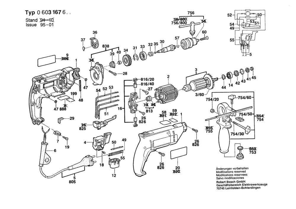 Section 1 Diagram and Parts List for CSB550RE 0603167632 Bosch Hammer Drill